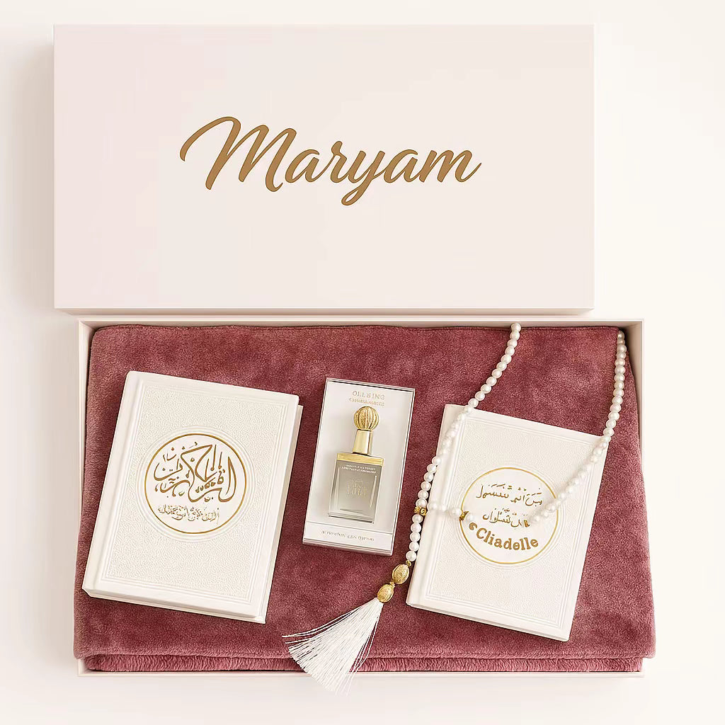 Coffret Spirituel Personnalisé – Tapis, Coran, Tasbih & Boîte Cadeau