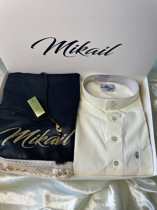 Coffret cadeau musulman avec tapis personnalisé, qamis, tasbih et musc