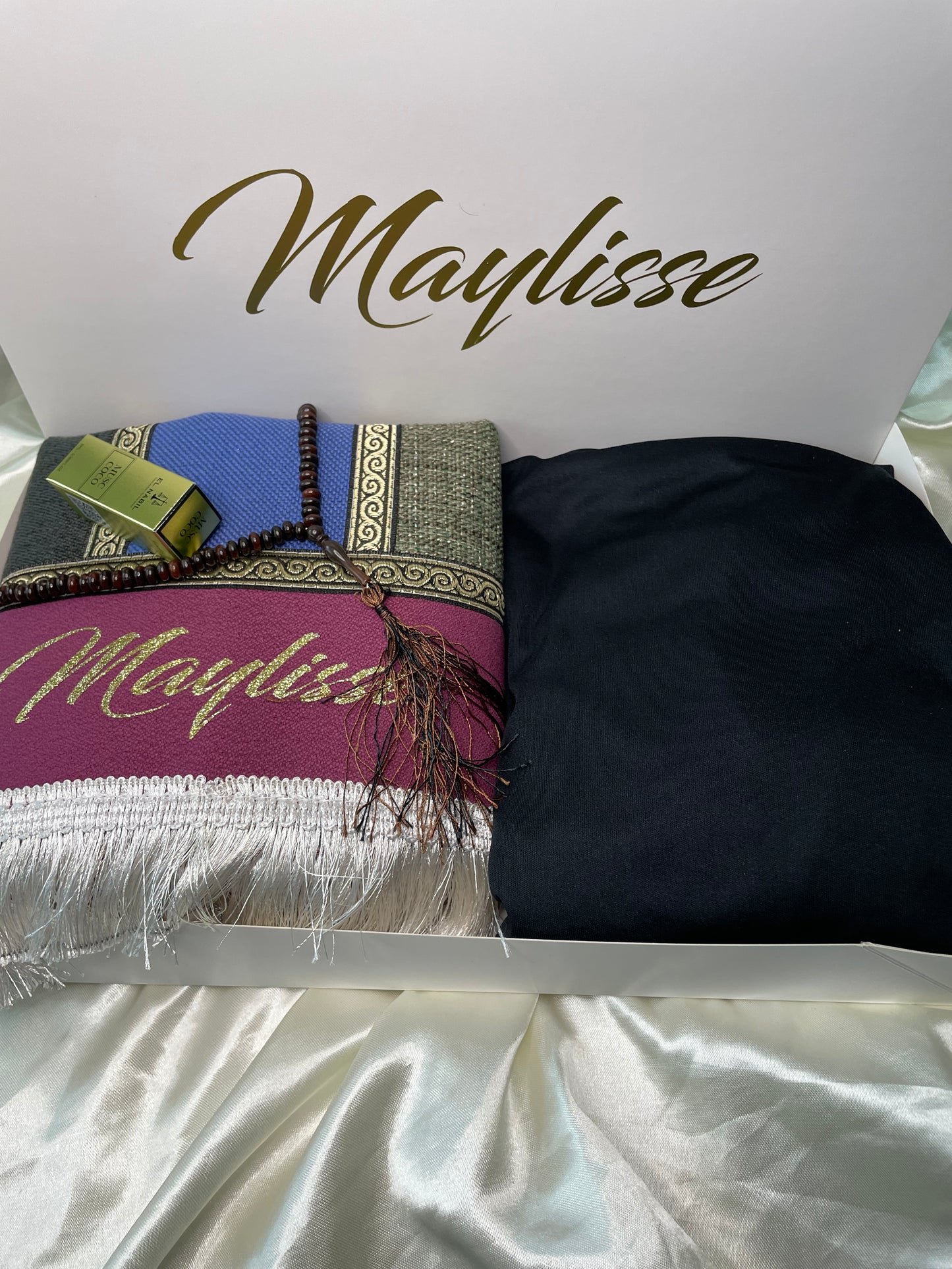 Coffret tapis de prière personnalisé enfants pour fille avec la robe de prière /musc /chapelet /la boîte personnalisée