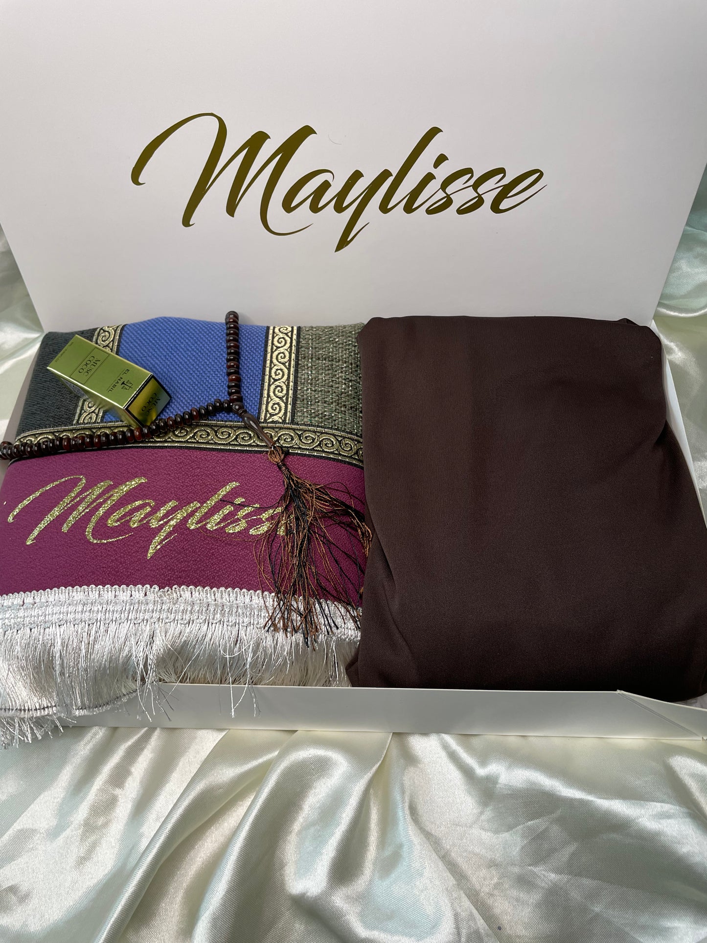 Coffret tapis de prière personnalisé enfants pour fille avec la robe de prière /musc /chapelet /la boîte personnalisée