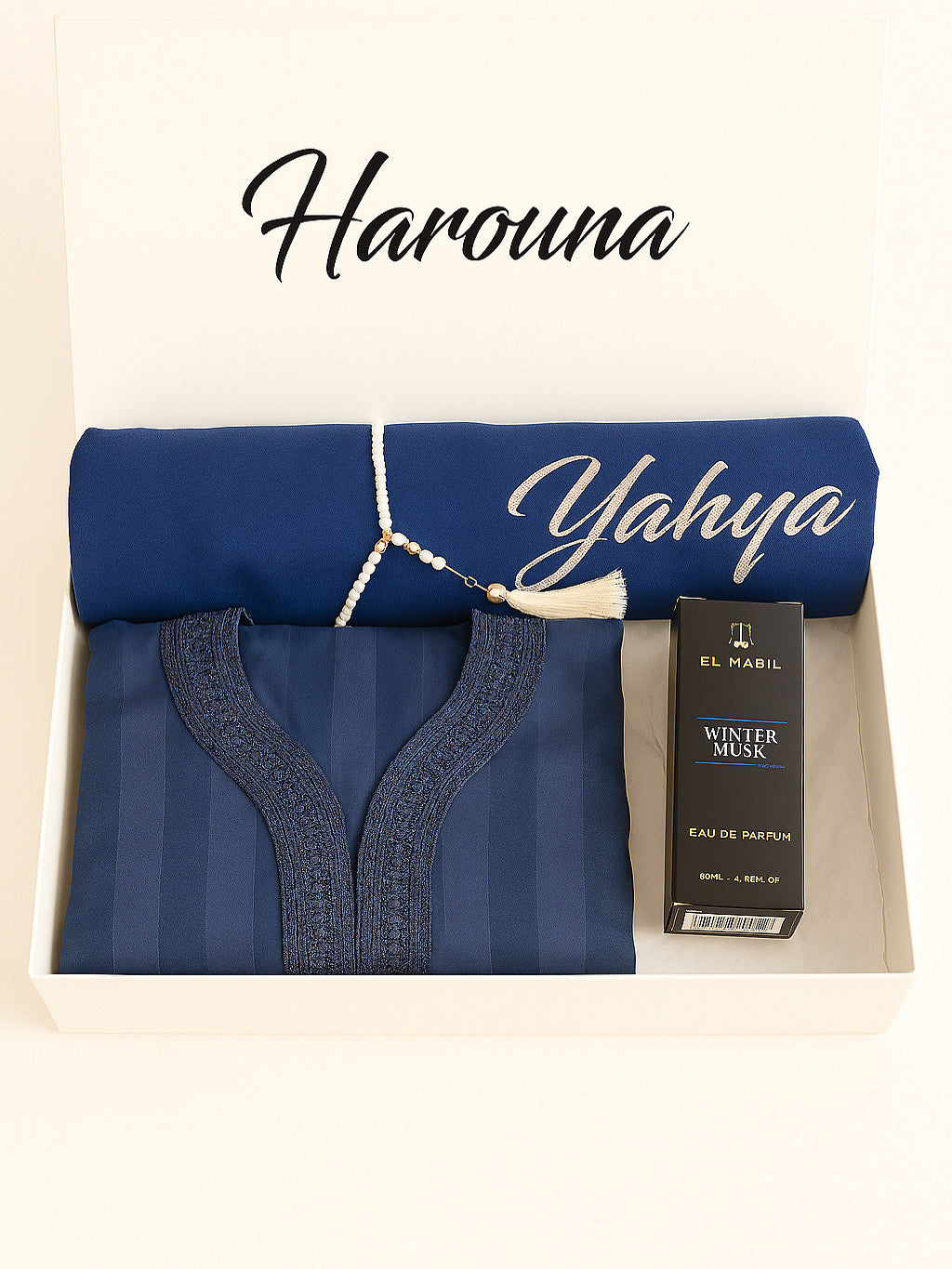 Coffret Eid personnalisé : Tapis de prière brodé, Gandoura & Parfum – Cadeau musulman élégant