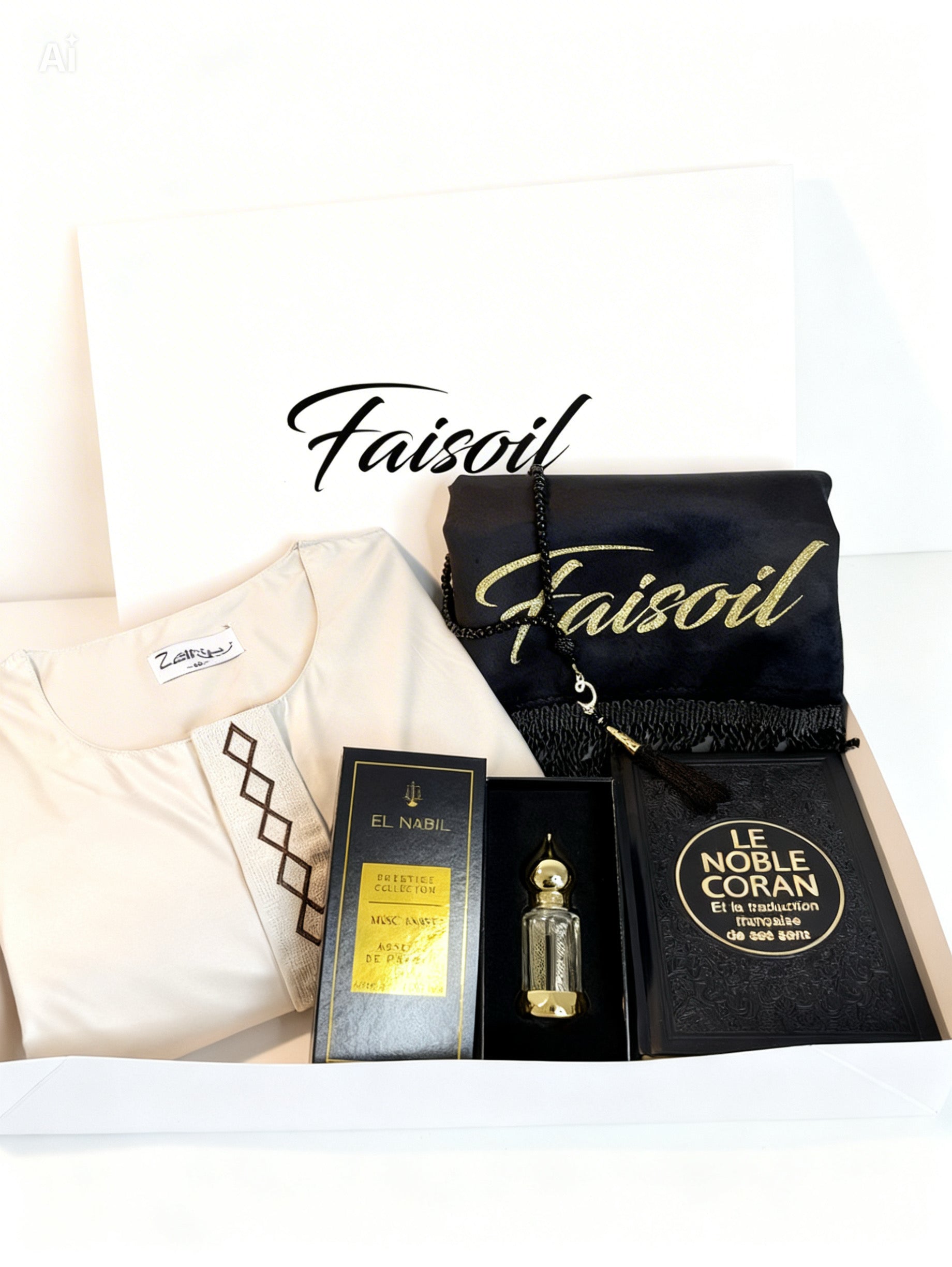 Coffret de tapis de prière et coran qamis et tasbih et musc taupe 