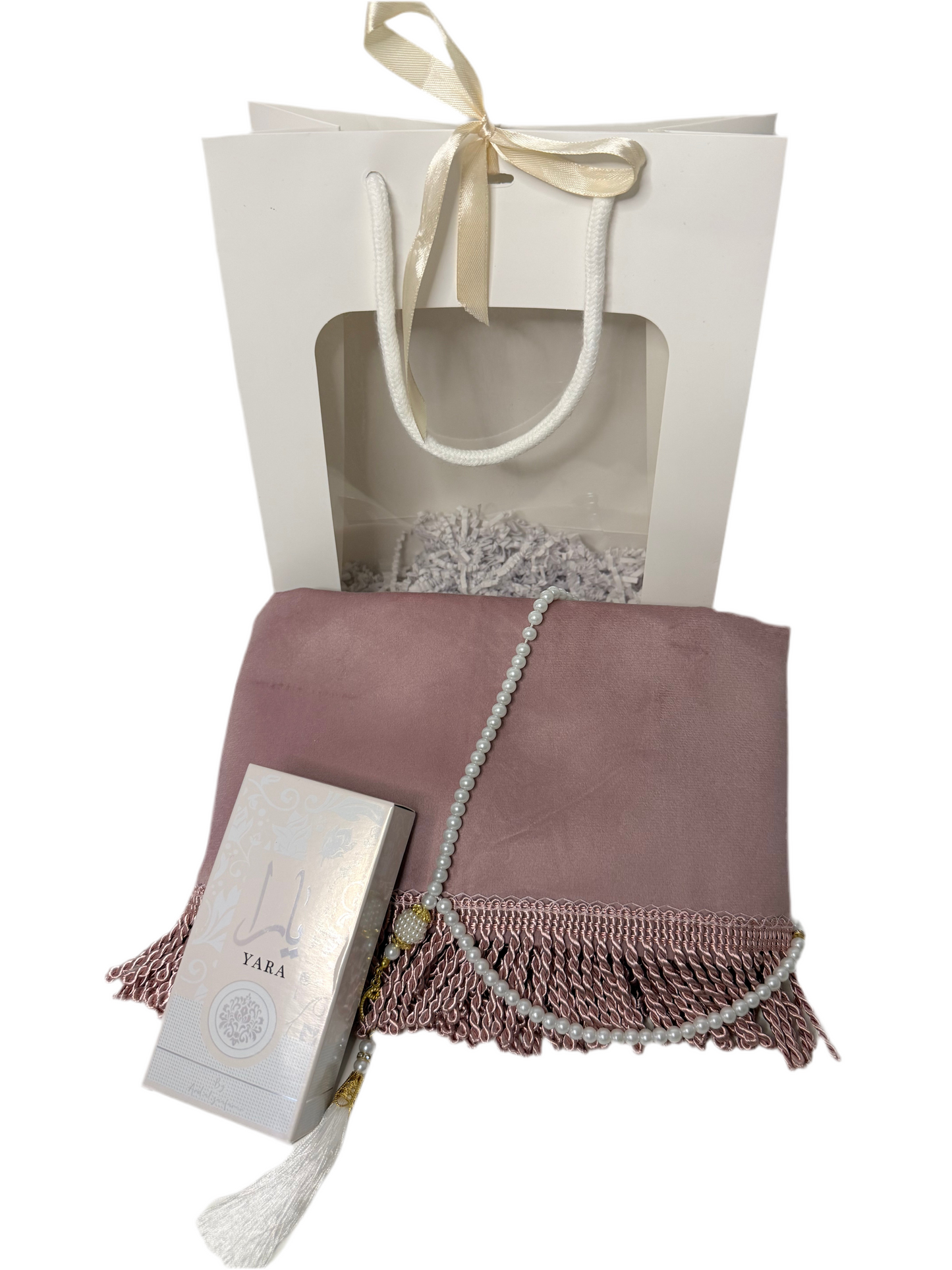 Coffret cadeau musulman pour femme avec tapis prières rose personnalisé, tasbih et musc