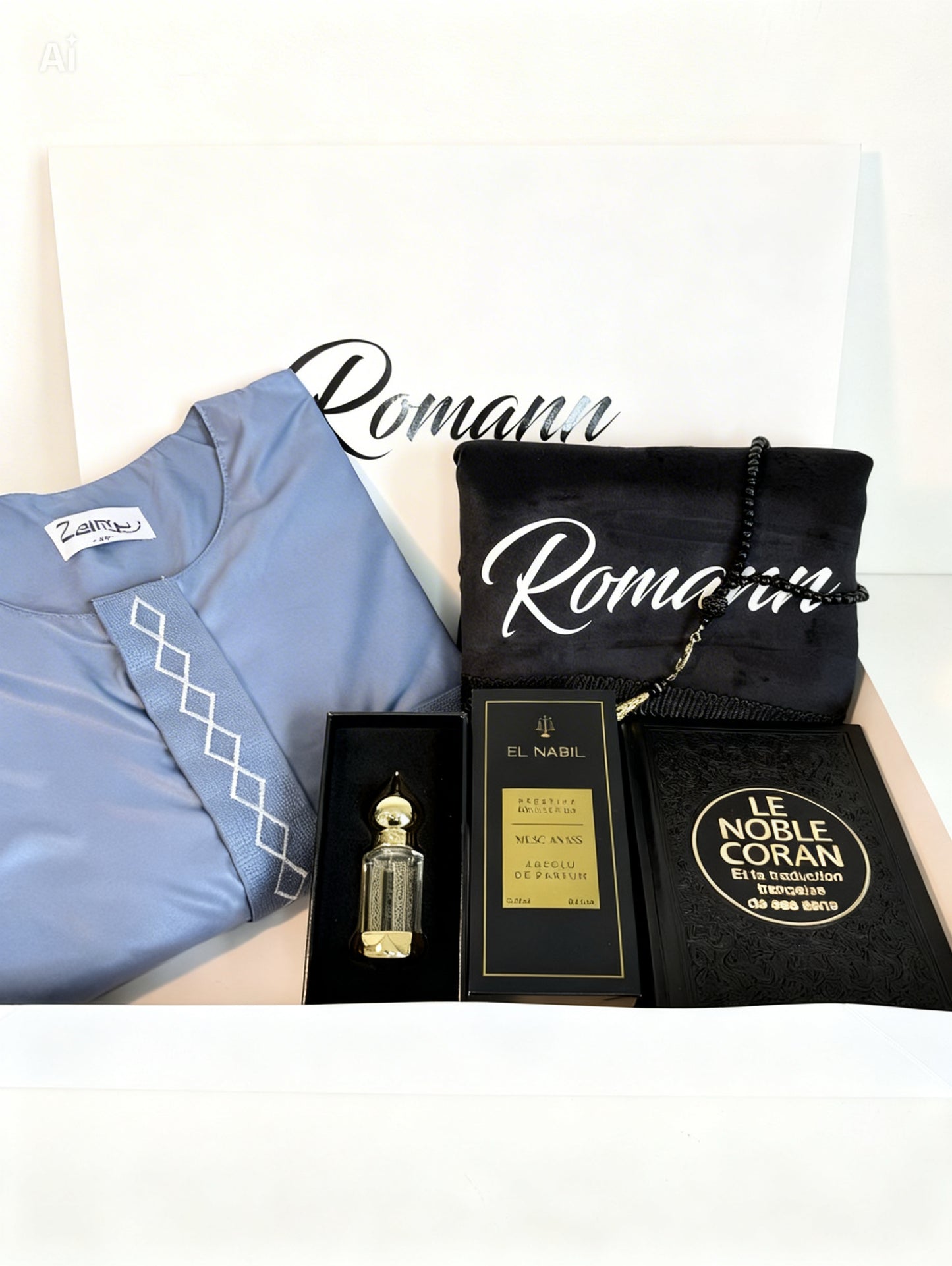 Coffret de tapis de prière et coran qamis et tasbih et musc bleu 