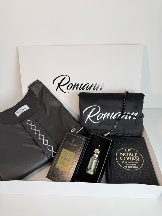 Coffret de tapis de prière et coran qamis et tasbih et musc noir 