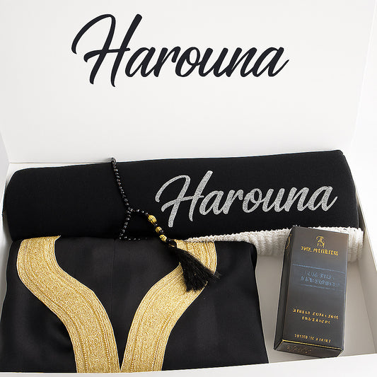 Coffret Eid personnalisé : Tapis de prière brodé, Gandoura & Parfum – Cadeau musulman élégant