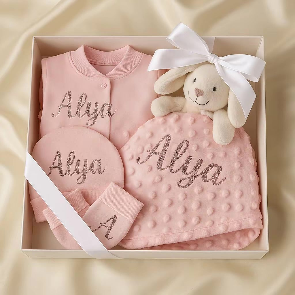 Kit de Naissance Personnalisé – Body, Pyjama, Doudou, Gant & Bonnet