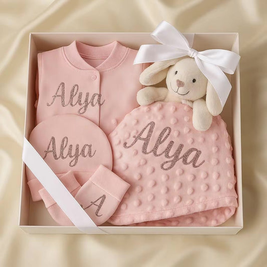 Kit de Naissance Personnalisé – Body, Pyjama, Doudou, Gant & Bonnet