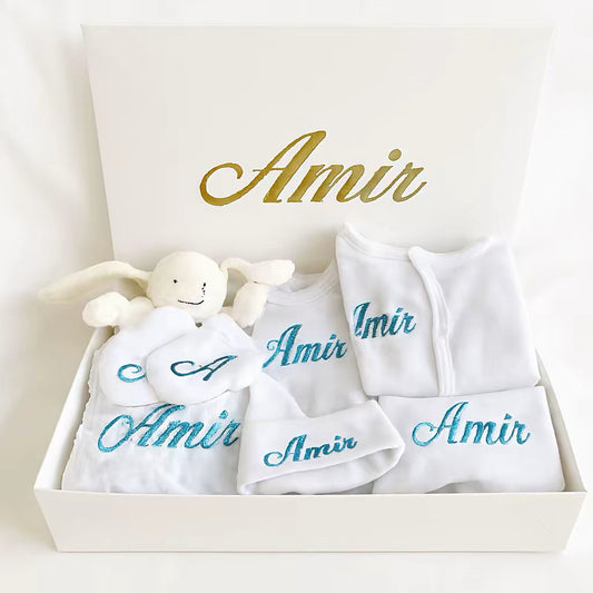 Coffret Kit de Naissance Personnalisé – Kit Bébé Complet et Brodé avec Prénom