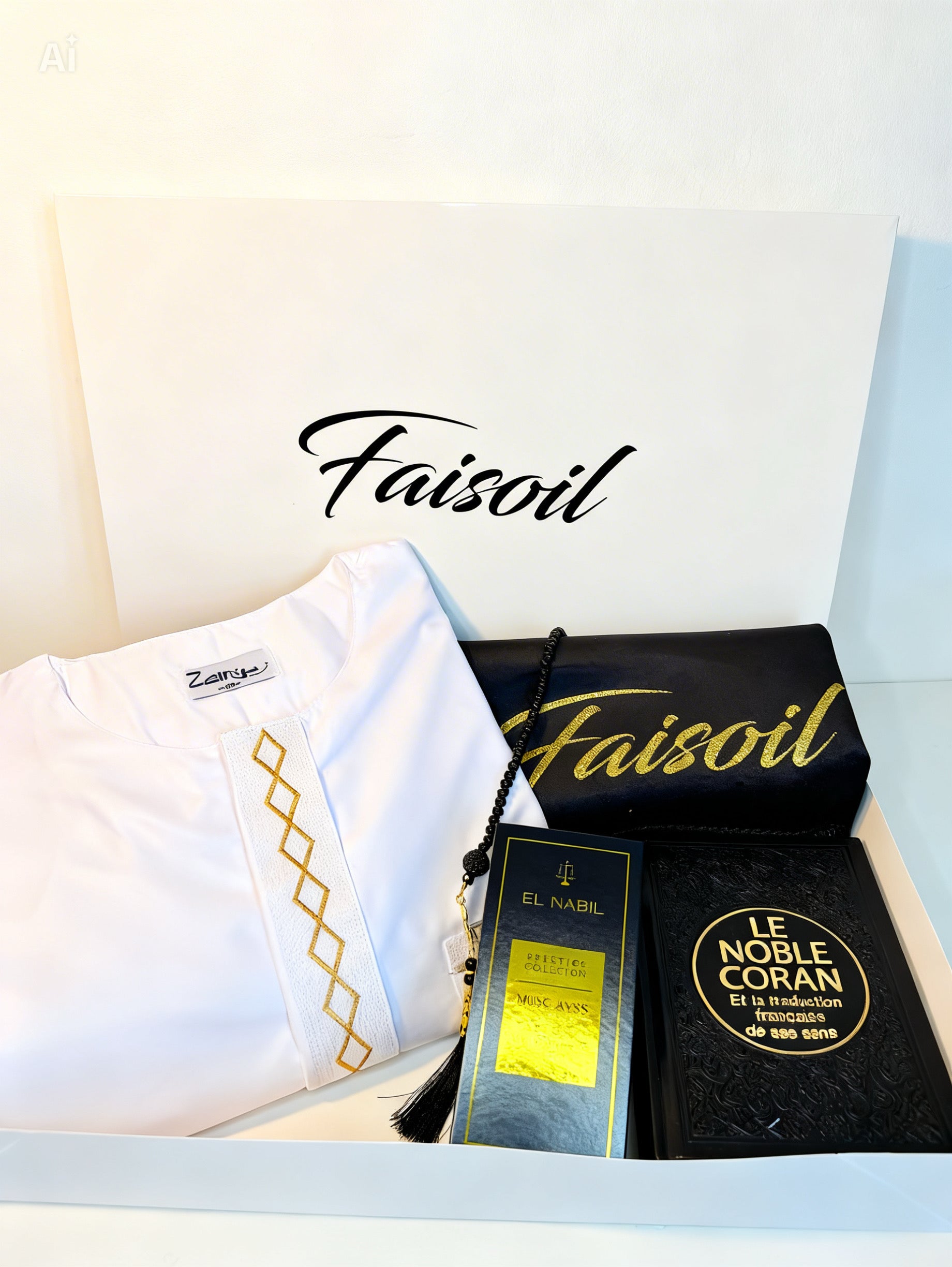 Coffret de tapis de prière et coran qamis et tasbih et musc blanc 