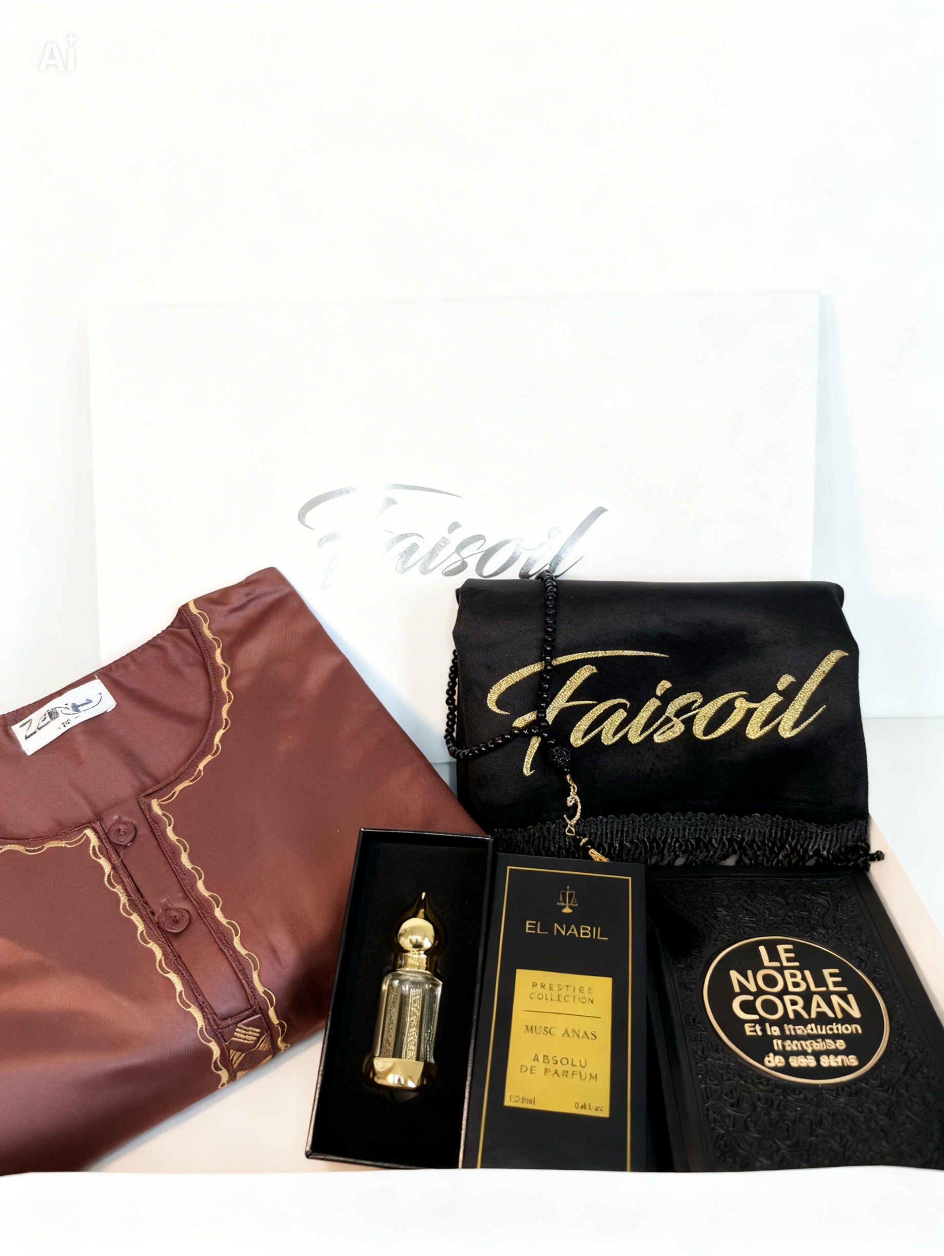 Coffret de tapis de prière et coran qamis et tasbih et musc bordeaux 