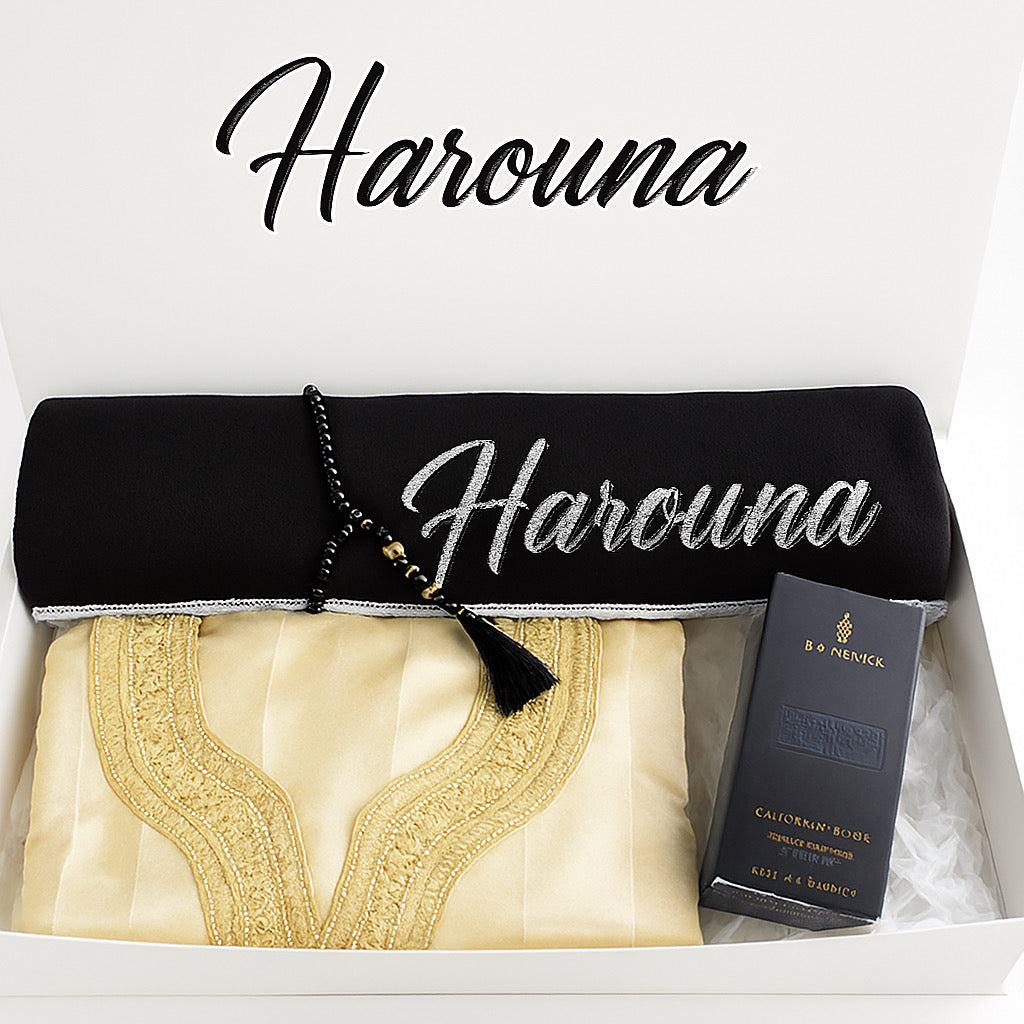 Coffret Eid personnalisé : Tapis de prière brodé, Gandoura & Parfum – Cadeau musulman élégant