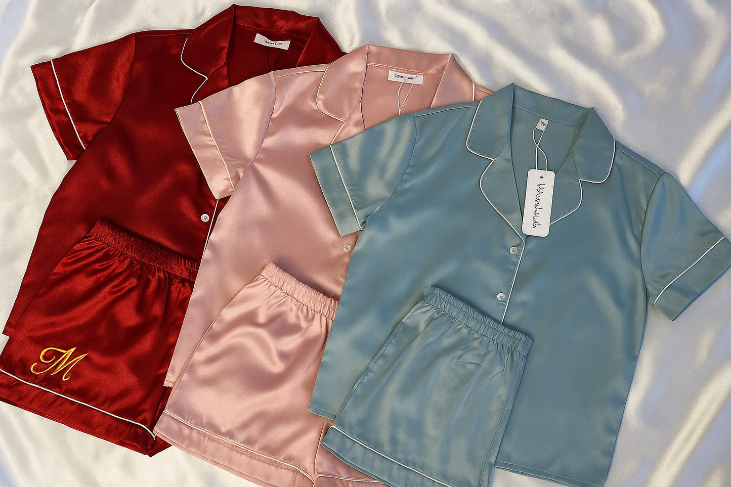 Pyjama femme personnalisé avec short – Satin doux, broderie prénom, cadeau cocooning