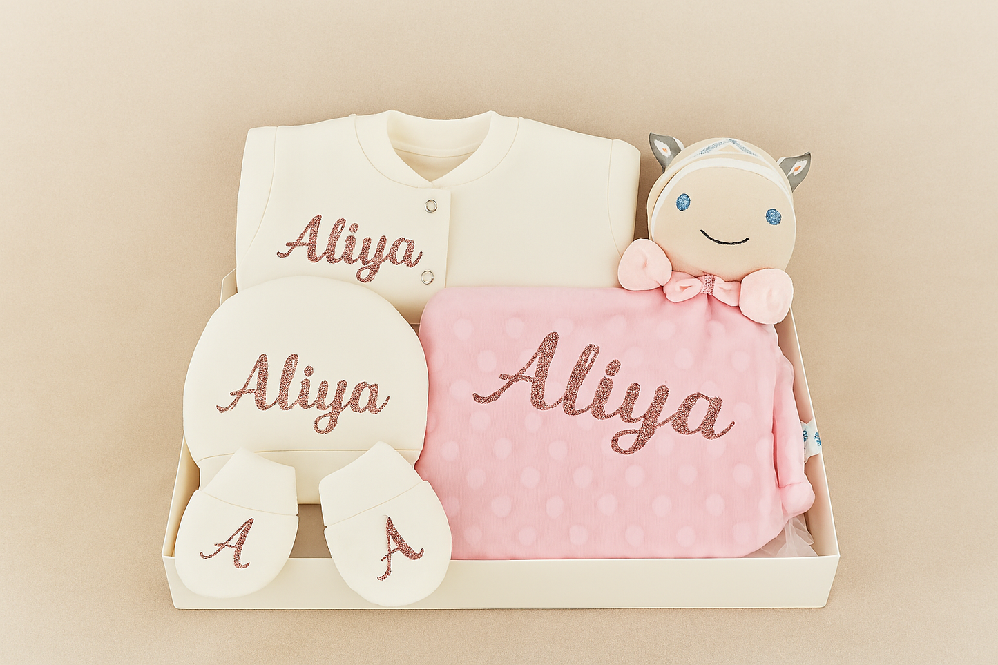 Kit de Naissance Personnalisé – Body, Pyjama, Doudou, Gant & Bonnet