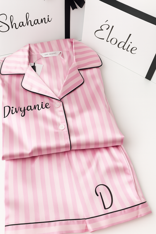 Pyjama personnalisé avec short – Satin rose à rayures, prénom et initiale