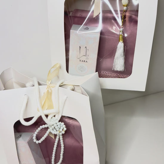 Coffret cadeau musulman pour femme avec tapis prières rose personnalisé, tasbih et musc