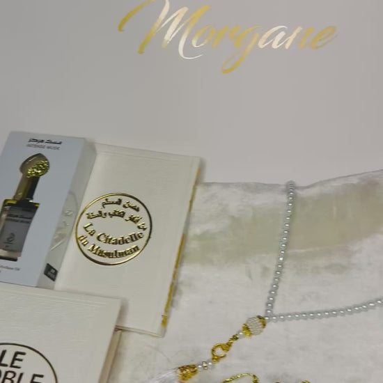 Coffret cadeau musulman de tapis de prière personnalisée et coran et citadelle et tasbih gris